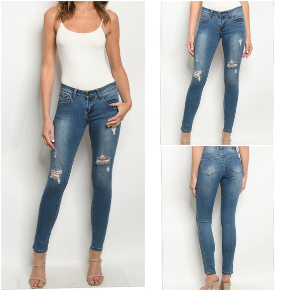 Chic Distressed Ripped Mid Rise Skinny Jea… - Picture 3 of 4
